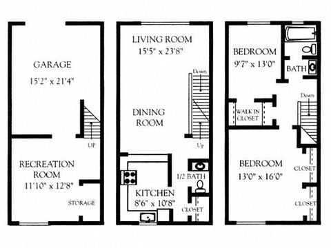 Floor plan for 2 beds, 1.5 baths, 940 sqft